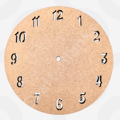 A circular 6mm thick MDF Numbered Clock Blank featuring laser-cut numerals 1 through 12 and a central hole for a quartz mechanism.