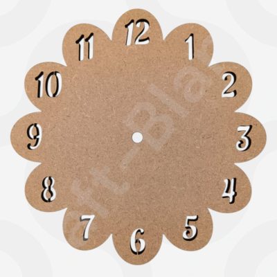 A circular 6mm thick MDF Flower Clock Blank measuring 20cm, featuring a scalloped edge and laser-cut numerals 1 through 12 with a central hole for a clock mechanism.