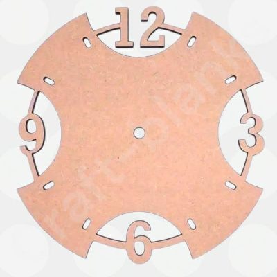 A circular 6mm thick MDF Modern Cut-Out Wall Clock Blank measuring 20cm, featuring suspended numerals at the 12, 3, 6, and 9 positions with sleek geometric cut-outs.