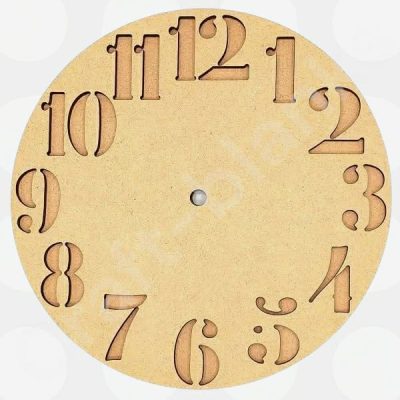 A circular 6mm total thickness MDF Layered Cut-Out Numbered Clock Blank featuring large stylized cut-out numerals and a separate backing plate for high-contrast painting.
