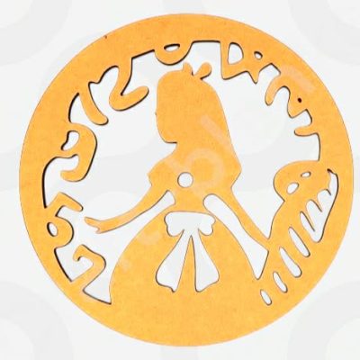 A circular 6mm thick MDF Alice In Wonderland Clock Blank featuring silhouettes of Alice and the Cheshire Cat with a central hole for a clock mechanism.