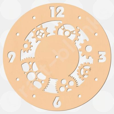 A circular 6mm thick MDF Steampunk Clock Blank measuring 20cm x 20cm, featuring intricate gear and cog cutouts and a central hole for a clock mechanism.