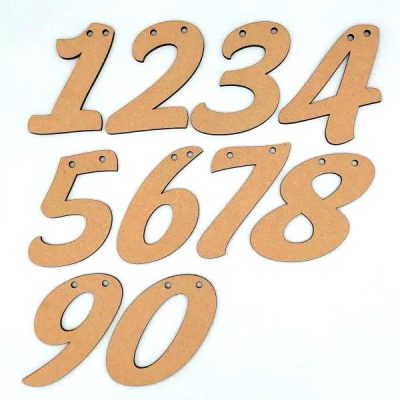 A collection of Numbers Bunting MDF Shapes featuring numbers 1 through 0, each with two hanging holes and a 10cm height for DIY event décor.