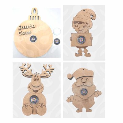 A Christmas Santa Cam Layered Bauble made from MDF, featuring a 3D layered design with a glass cabochon lens and dummy camera image.