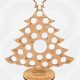 A large unfinished 6mm thick MDF Christmas tree advent calendar with 24 small holes for Lindt truffles and one large central hole for a Terry's Chocolate Orange, standing on a square base.