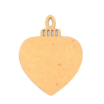 An unfinished 4mm thick MDF Christmas Heart Shaped Bauble measuring 11.5cm by 14.5cm, featuring a wide heart shape with decorative vertical cutouts and a hanging loop at the top.