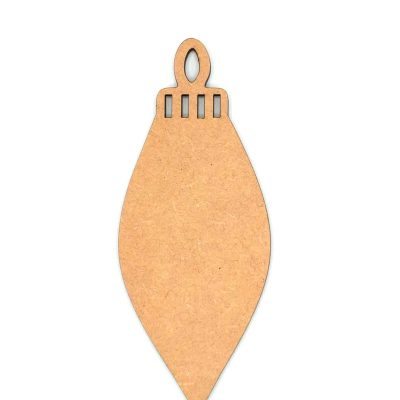 An unfinished 4mm thick MDF Christmas Teardrop Bauble measuring 16.4cm by 6.6cm, featuring a sleek teardrop shape with decorative vertical cutouts and a hanging loop at the top.