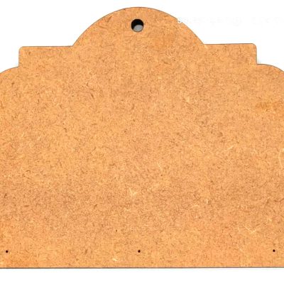 An unfinished 9mm thick MDF vintage shaped key holder plaque measuring 17.5cm by 13.5cm, featuring a central hanging hole.