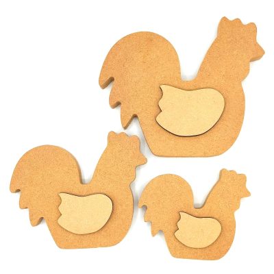 Three unfinished 18mm thick moisture resistant MDF Freestanding Chicken shapes in varying sizes.