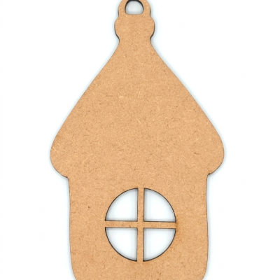 An unfinished 4mm thick MDF Christmas House Bauble measuring 14cm by 8cm, featuring a classic house shape with a circular window and a hanging loop at the top.