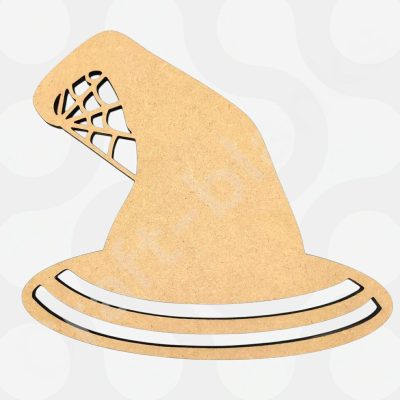 An unfinished 6mm thick MDF witches hat wreath holder featuring a spiderweb cutout in the tip and a banded brim, measuring 18.5cm by 20cm.