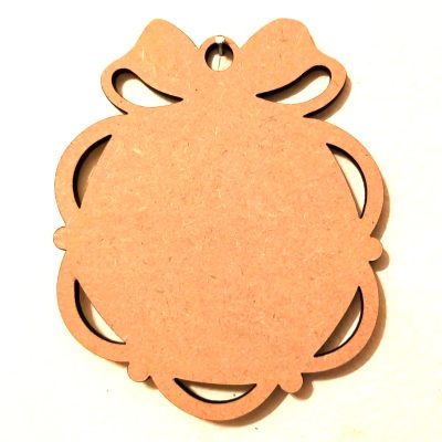 An unfinished 4mm thick MDF Fancy Hanging Bauble featuring an elegant scrolled frame and a 10cm central circle for crafting.