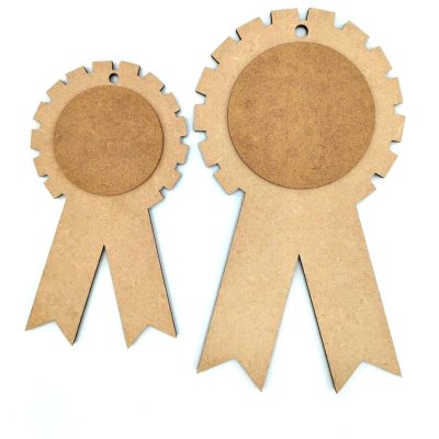 Two unfinished two-piece MDF rosette award blanks in different sizes, showing a 4mm base and a separate 2mm circular centrepiece.