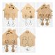 Five different unfinished 3D layered MDF house plaques featuring removable double keyrings in shapes like dogs, cats, couples, and a heart with a key.