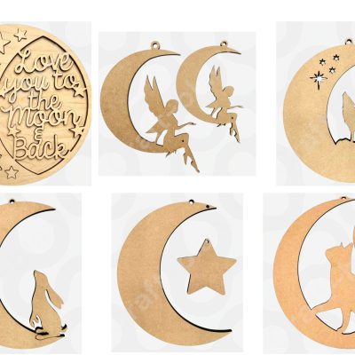 A collection of unfinished MDF moon plaques in various designs including a baying wolf, a cat on the moon, and a double-layered "Love you to the moon and back" plaque.