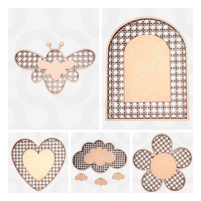 Unfinished layered MDF craft blanks in bee, flower, heart, archway, and cloud designs with a rattan-style cutout pattern.