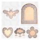 Unfinished layered MDF craft blanks in bee, flower, heart, archway, and cloud designs with a rattan-style cutout pattern.
