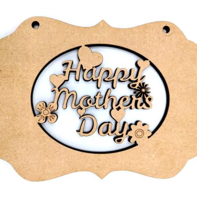 Unfinished 6mm thick MDF Happy Mother’s Day fancy hanging plaque featuring decorative hearts and flowers for DIY crafting