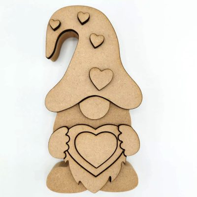 Unfinished 18mm thick moisture resistant MDF freestanding gnome with 4mm 3D layered heart, hat details, and nose for DIY painting.
