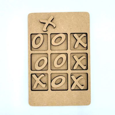 Unfinished 8mm thick MDF noughts and crosses board game blank with recessed grid and individual X and O pieces.