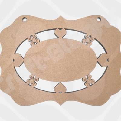Unfinished 6mm thick MDF fancy hanging plaque featuring an ornate scalloped border with internal heart and flower cutout details.