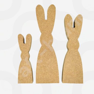 Set of three freestanding 18mm moisture resistant MDF rabbits in heights of 15cm, 17.5cm, and 20cm for DIY Easter crafting.