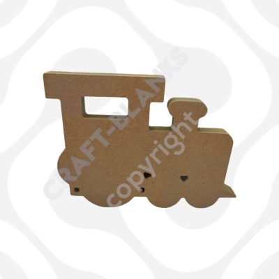 Detailed chunky 18mm freestanding MDF steam train craft blank in 22cm length for DIY painting and nursery decor.