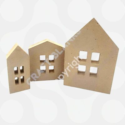 Set of three chunky 18mm freestanding MDF houses craft blanks with window cut-outs for DIY painting and home decor.