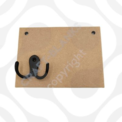 Detailed laser-cut 6mm MDF hanging hook plaque craft blank with black double hook and screws for DIY painting and lead holders.