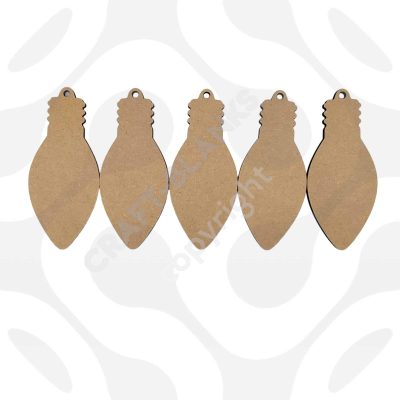 Set of five laser-cut 15cm MDF Christmas light bulb bunting craft blanks for DIY painting and festive garlands.