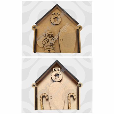 Detailed laser-cut 3D MDF Christmas sweet house craft blank in grotto and gingerbread designs for DIY painting.