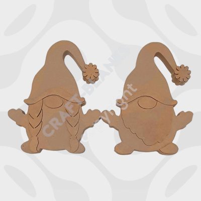 Detailed laser-cut 18mm freestanding MDF gnome blank craft kit in Mr and Mrs styles for DIY painting.