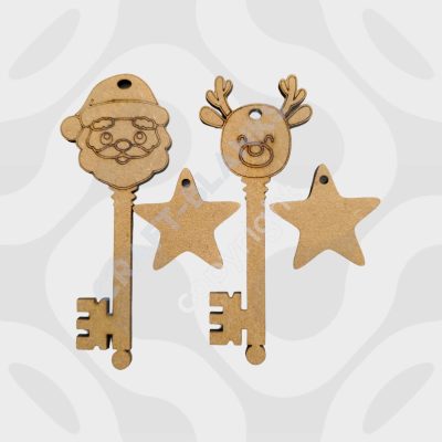 Detailed laser-cut 4mm MDF magic Christmas keys in Santa and Reindeer designs with star tags for DIY painting.