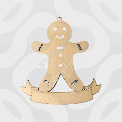 Detailed laser-cut 4mm MDF Christmas gingerbread man bauble craft blank with personalisation banner for DIY painting.