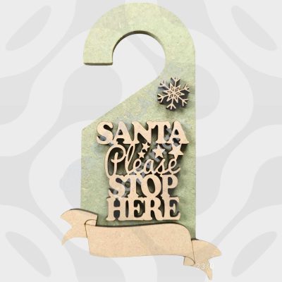 Detailed laser-cut 19cm MDF Santa door hanger craft blank with separate banner and snowflake for DIY painting.