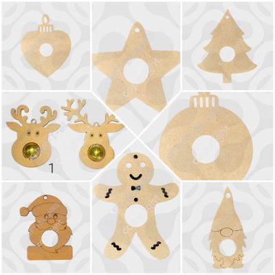 Nine designs of laser-cut 4mm MDF Lindt chocolate holder baubles including Santa, Reindeer, and Gnome for DIY painting.