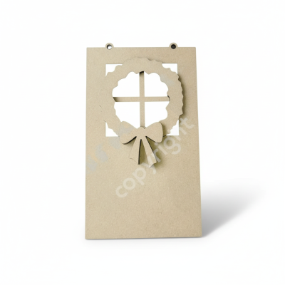 Detailed laser-cut 4mm MDF hanging Christmas door plaque craft blank with separate wreath and bow for DIY painting and decoupage.