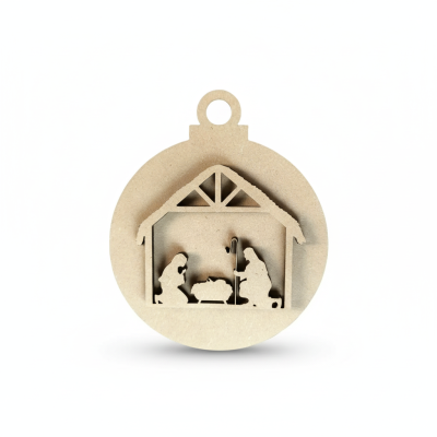 Detailed layered 3D MDF nativity bauble craft blank with separate stable scene for DIY painting and religious holiday decor.
