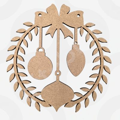 Detailed laser-cut MDF large Christmas bauble wreath craft blank in 25cm size for DIY painting and holiday decoration.