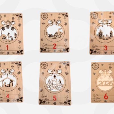 Six designs of 4mm MDF Christmas bauble cards with pop-out ornaments for DIY painting and personalization.