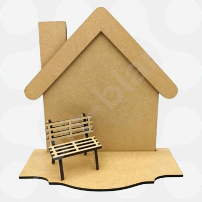 Detailed 3D MDF freestanding house with miniature bench craft blank for DIY painting and home decor.