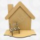 Detailed 3D MDF freestanding house with miniature bench craft blank for DIY painting and home decor.