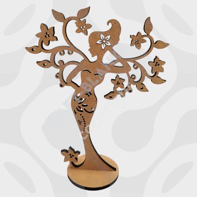 Detailed laser-cut 6mm MDF jewellery stand blank craft kit with earring holes for DIY painting and decoration.