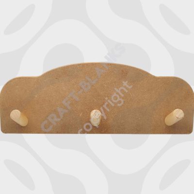 Detailed arched MDF coat hanging rack craft blank with 3 wooden pegs for DIY painting and decoupage.