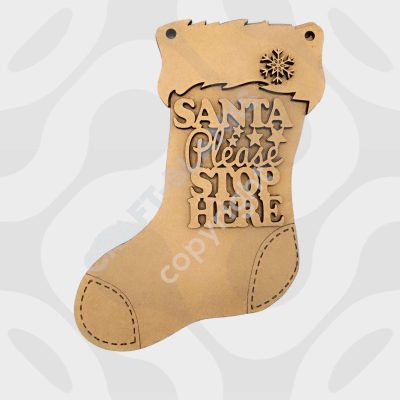 Detailed layered 3D MDF Santa stocking plaque craft blank with separate fur cuff and optional sentiment for DIY festive painting.