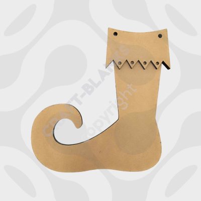 Detailed layered 3D MDF elf boot plaque craft blank with separate zig-zag cuff for DIY festive painting.