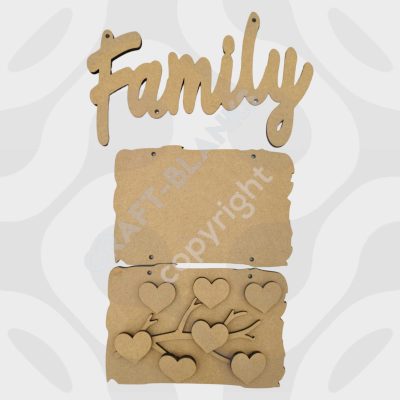 Detailed layered 3D MDF Family plaque set craft blank with branch and hearts for DIY painting and photos.