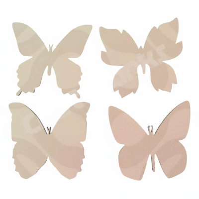 Four different designs of MDF butterfly shapes craft blanks in 4mm wood for DIY painting and nursery decor.