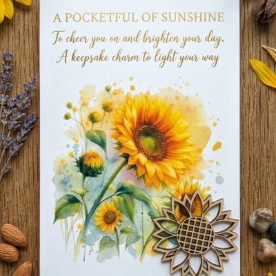 Finished Pocketful of Sunshine Card kit showing the printed watercolor sunflower poem card alongside the laser-cut wooden sunflower token