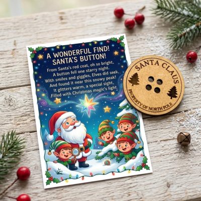 Finished Santas Lost Button Card kit showing the printed North Pole elf poem card alongside the engraved wooden "Santa Claus" button token.